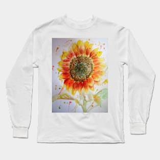 Sunflower Watercolor Painting red yellow floral art Long Sleeve T-Shirt